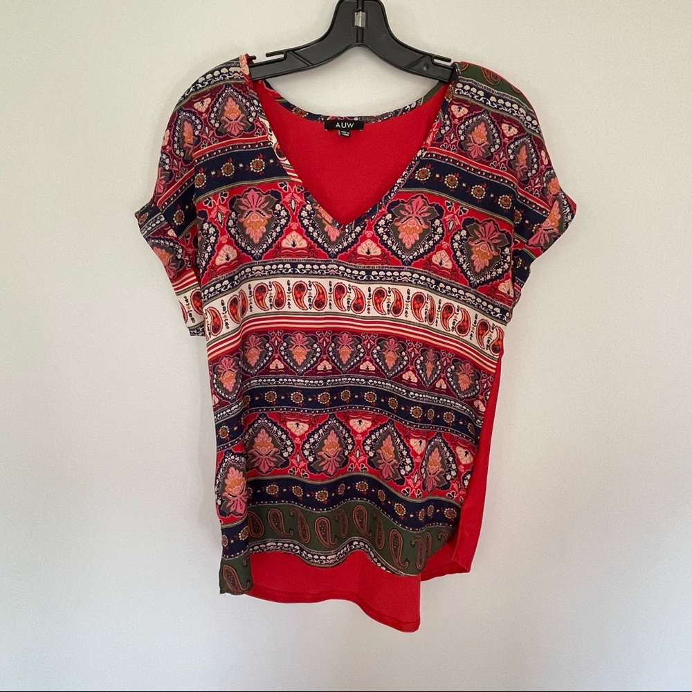 Womens AUW 100% polyester short sleeve rust colored blouse